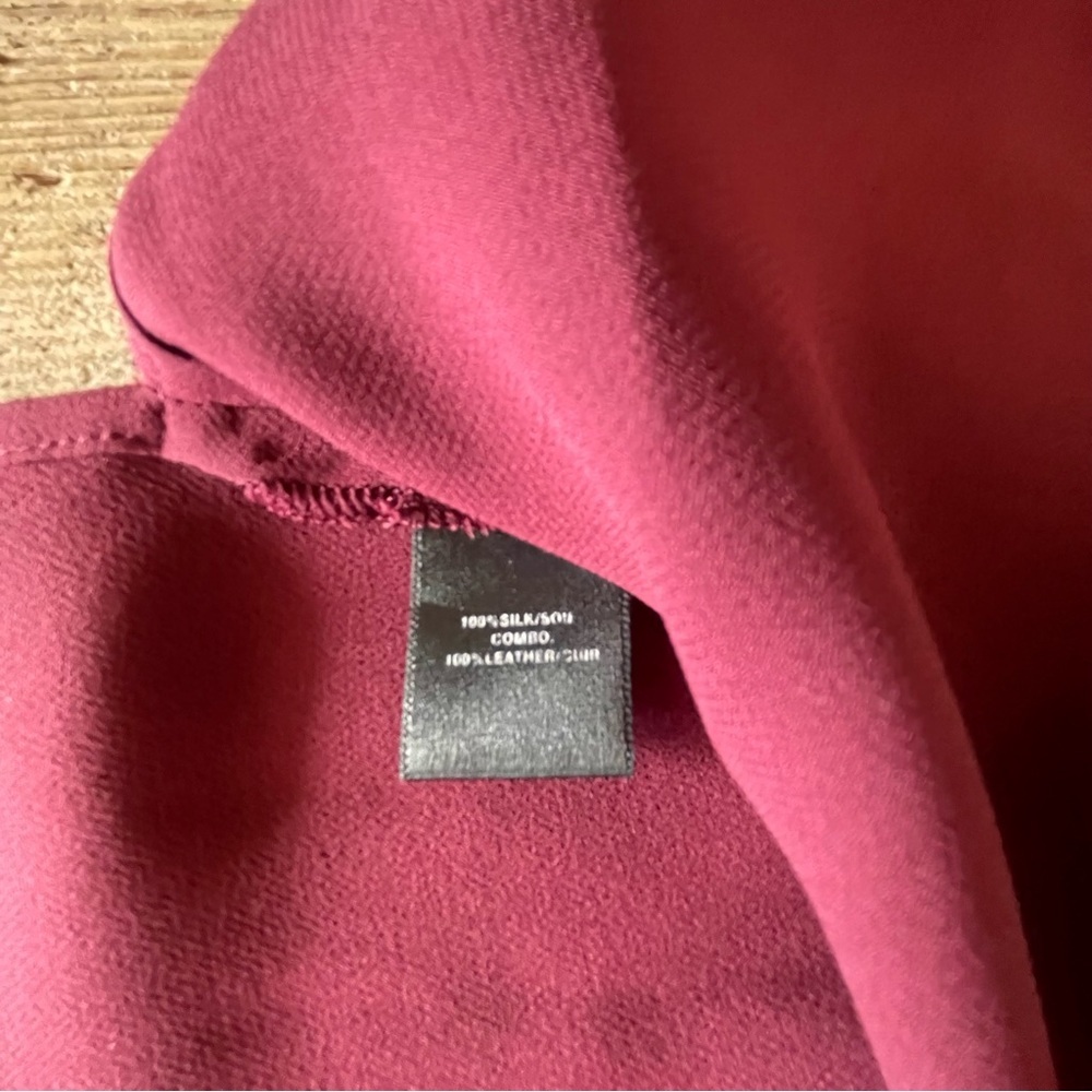 Lafayette 148 Silk & Leather Trim Blouse Burgundy Red Size 14 Large - Picture 6 of 6